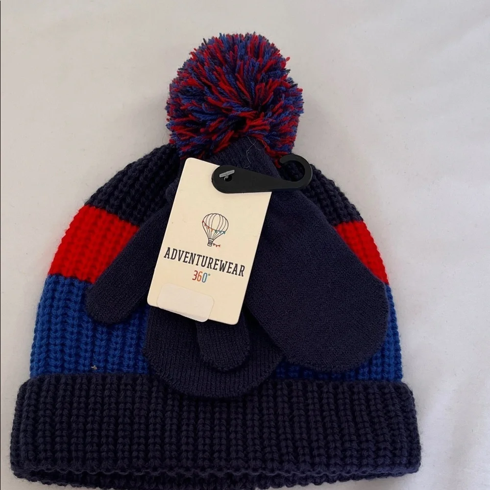 Pendleton Kids' Navy and Red Pom-Pom Hat with Mittens